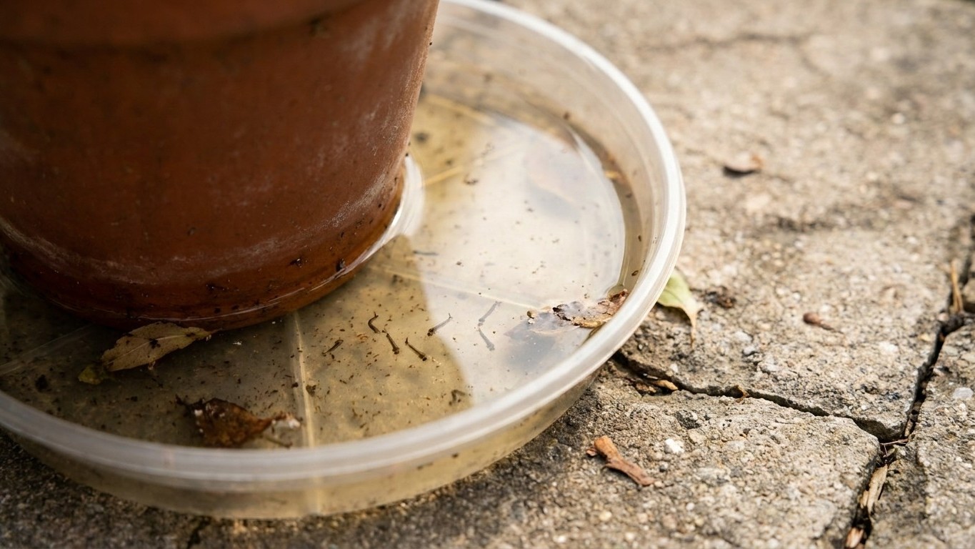 I kept saucers under my patio pots to catch the watering runoff: when I looked closely at the stagnant water after a few d...