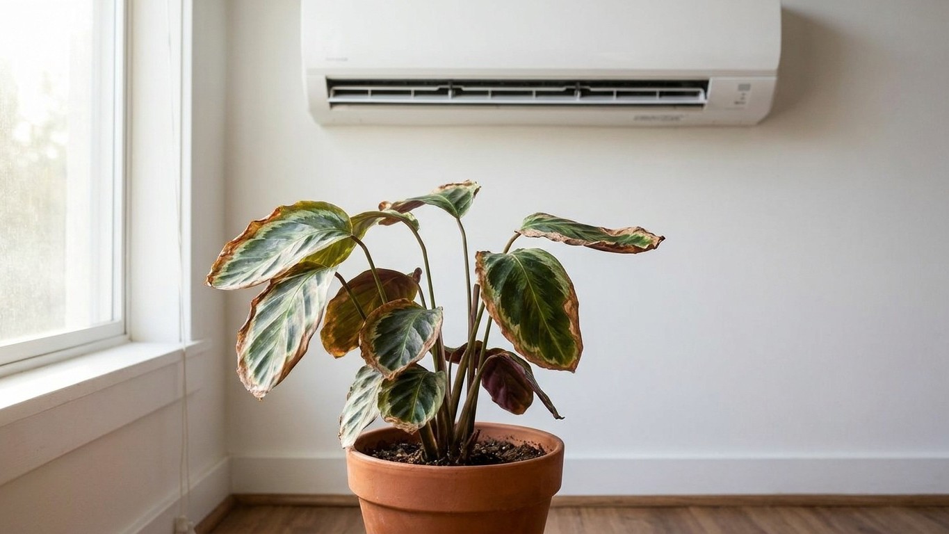 I moved my calathea under the air-conditioning split just to keep it cool: four days later, every single leaf edge had tur...