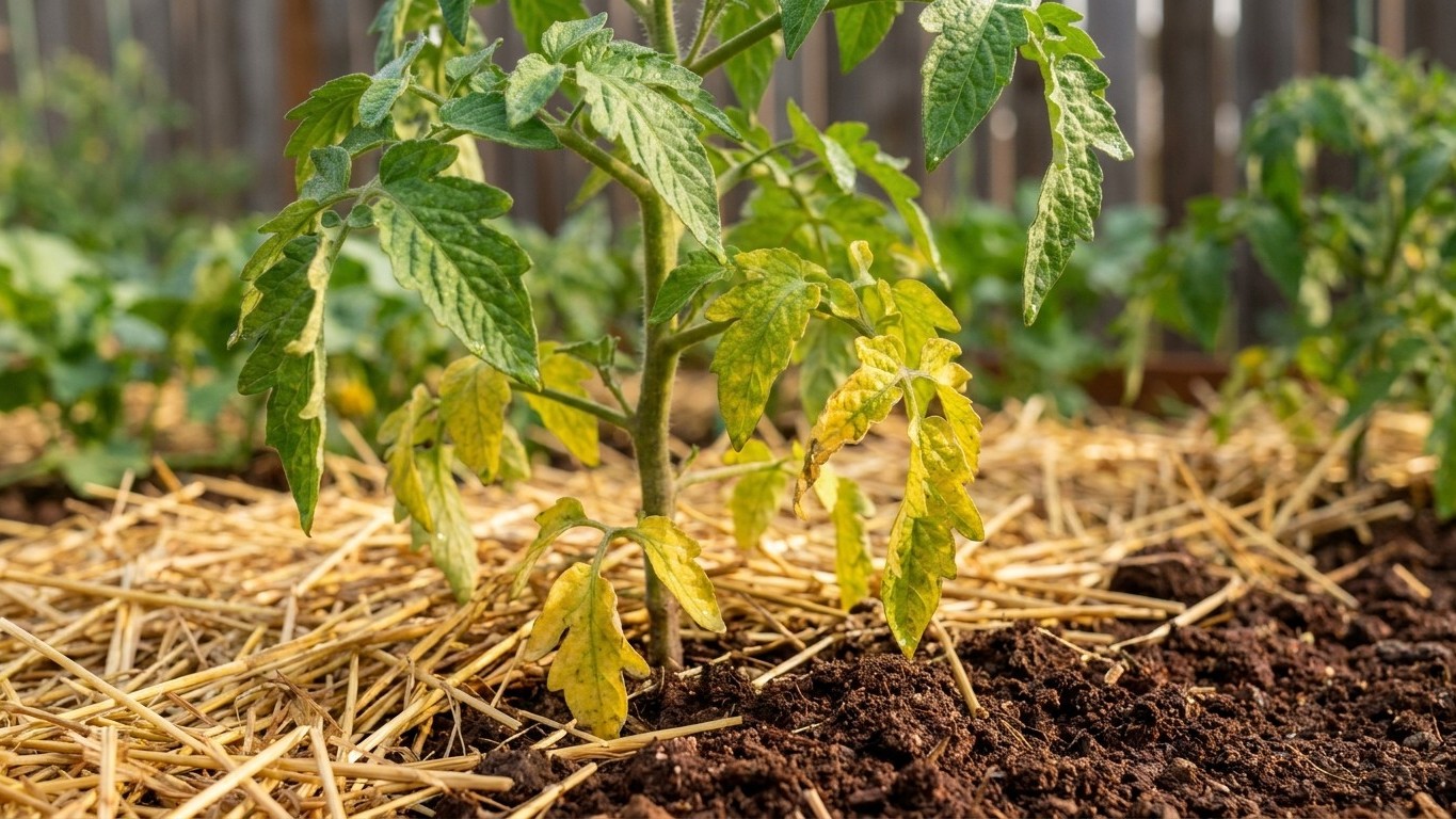 I spread fresh wheat straw around my tomatoes just to keep the soil damp: three weeks later, the bottom leaves went yellow...