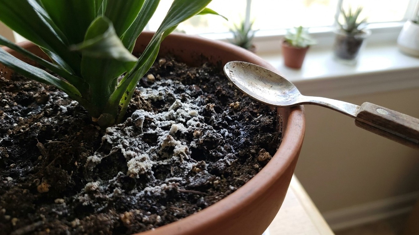 I fed my potted plants every single week all summer to keep them going through the heat: when I scraped off the white crus...