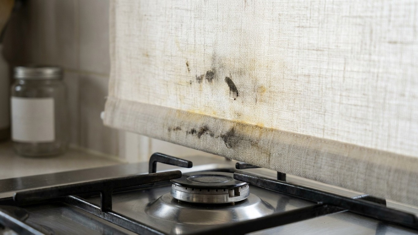 I hung a fabric roller blind right above my hob just to soften the window: the evening a burner flared up, I understood wh...