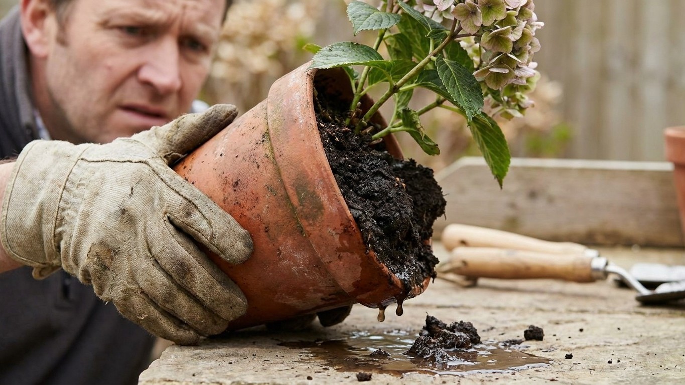 I kept soaking my hydrangea every evening because the leaves were drooping: the day I lifted the pot, I understood what wa...