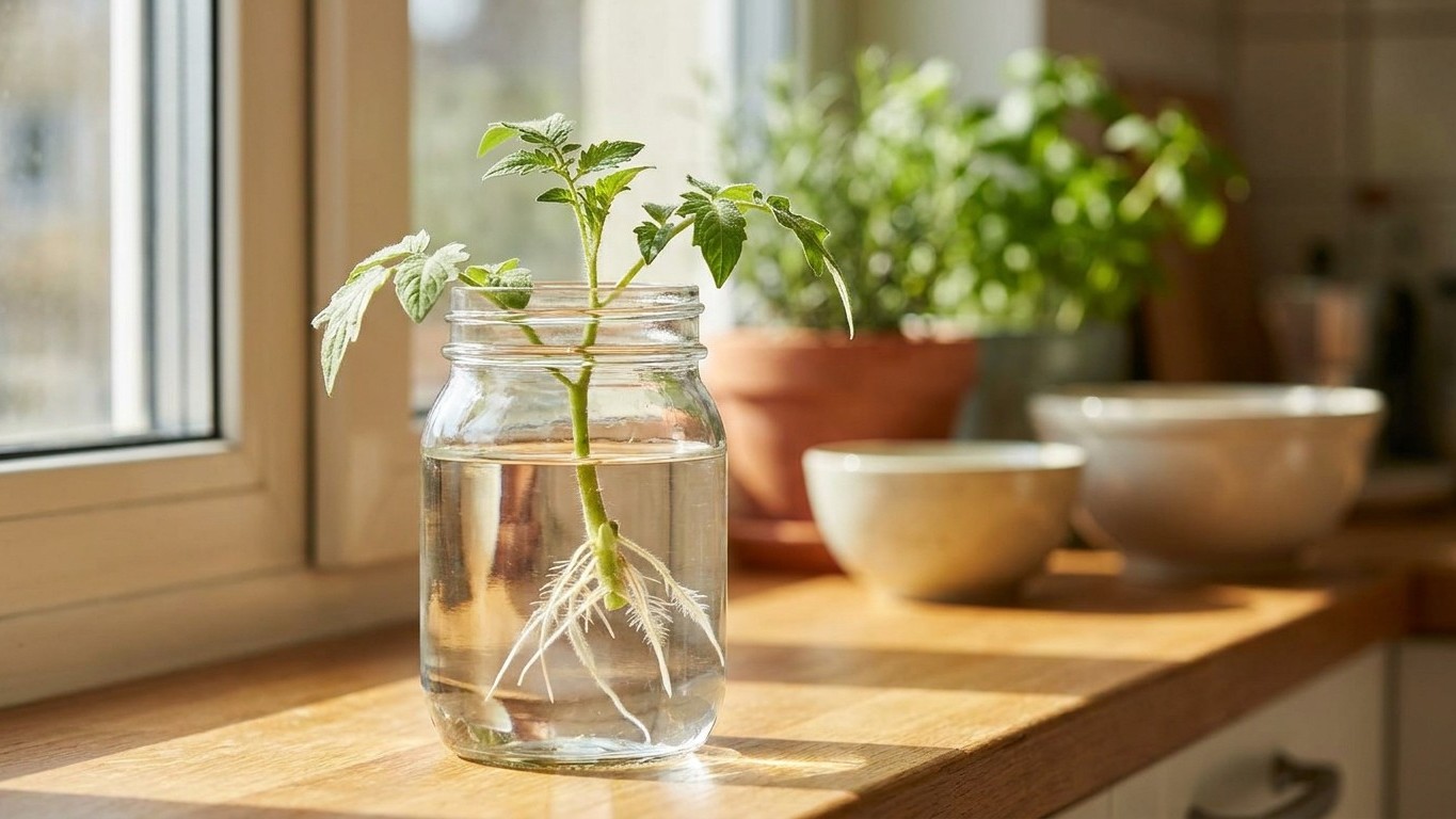 I rooted my tomato suckers in a glass of water in mid-August just to get a second crop: when the fruit was still green in ...