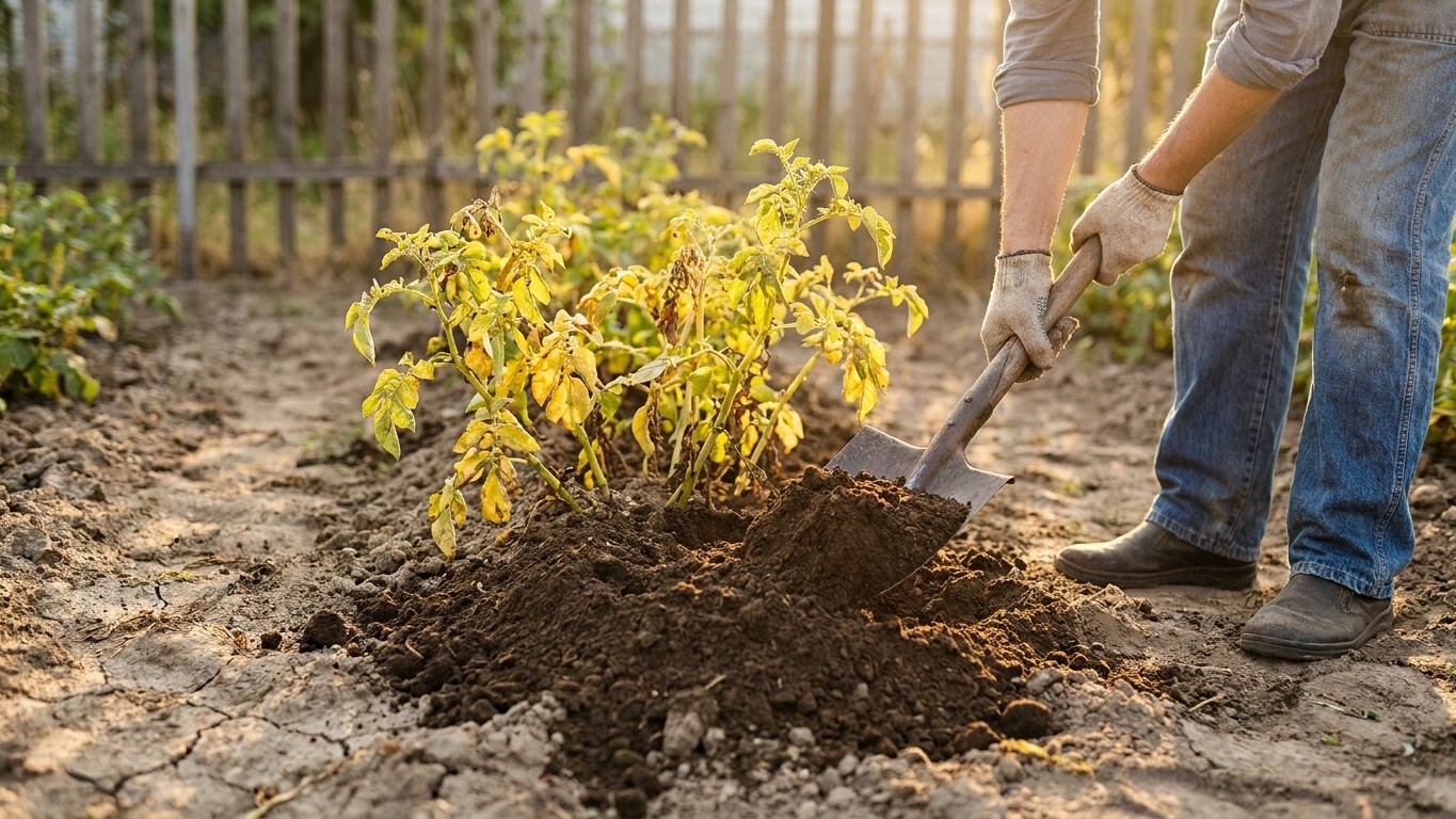My neighbour piles fresh soil over his potato rows in the middle of August, and it's not to help them grow