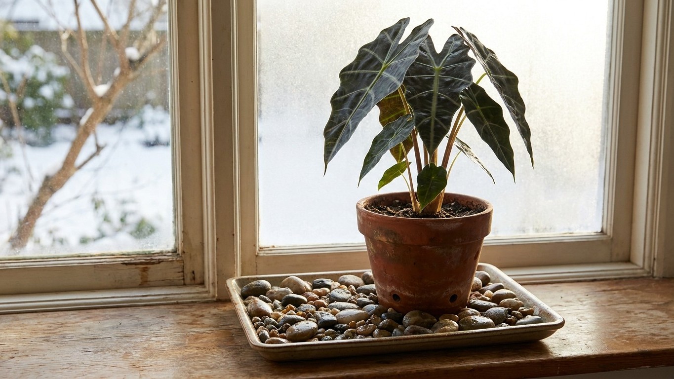 My neighbour stands every ficus and alocasia pot on a tray of wet gravel the week the heating goes on, and it's not to wat...