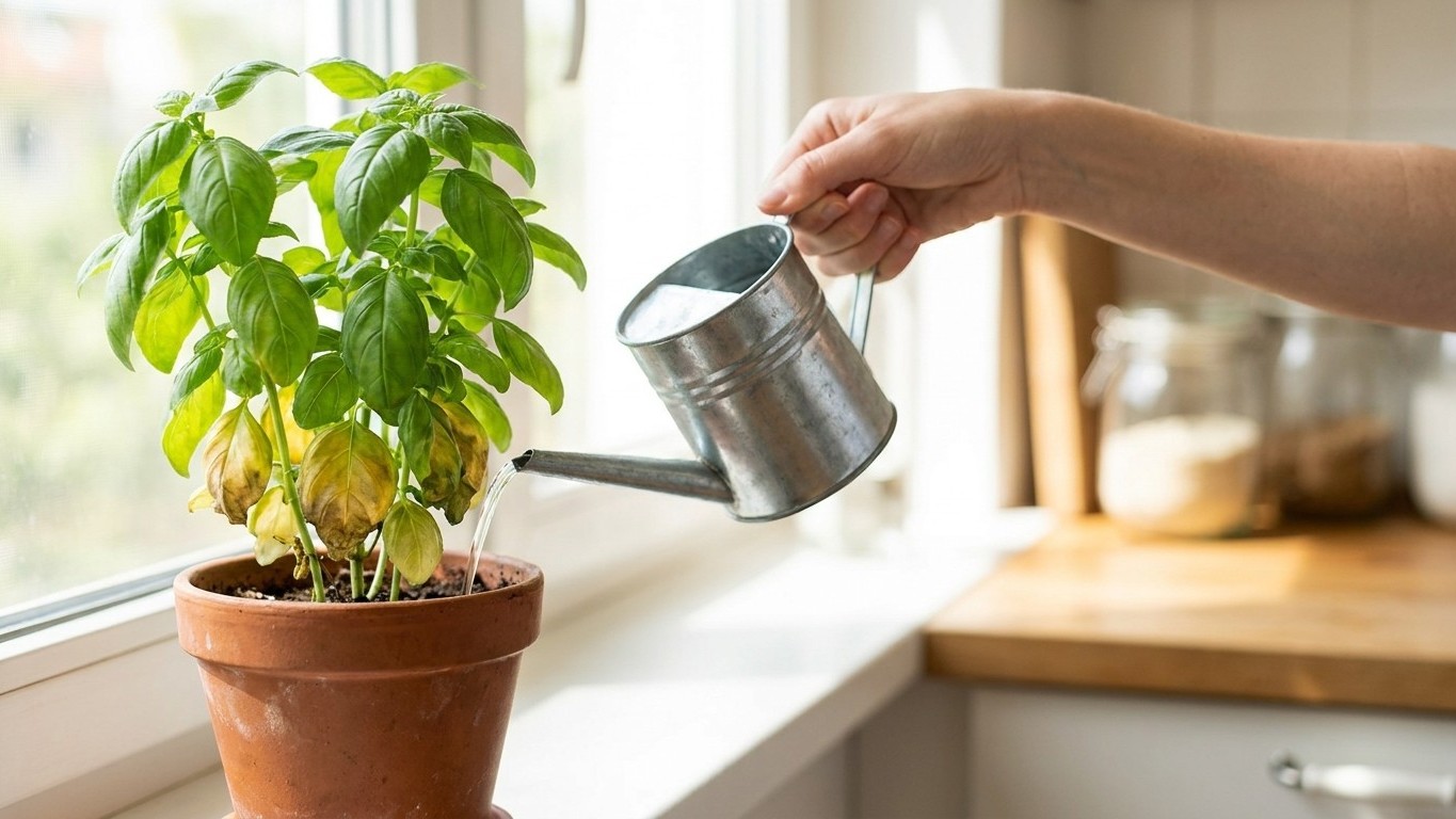No more yellow leaves at the base of my basil: ever since I water it twice a week and add this to the can, it hasn't lost ...
